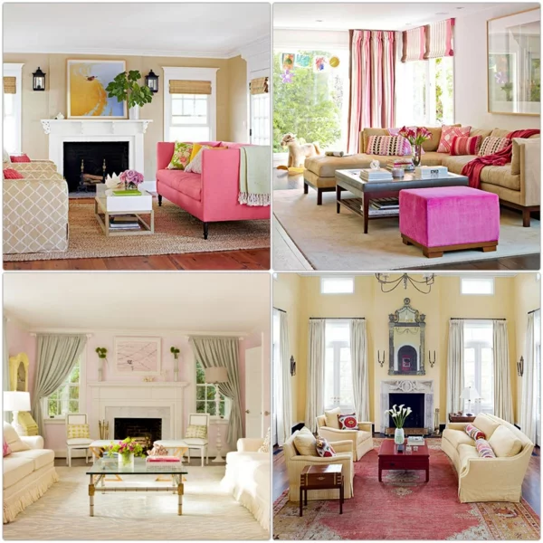 farbgestaltung wohnzimmer wandfarben gestalten rosa pink akzente wohnzimmer möbel