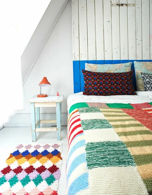 patchwork stoffe schlafzimmer decke farbiges innendesign