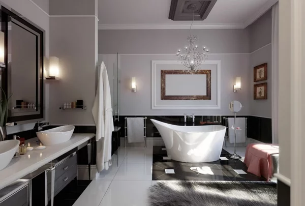 badezimmer luxuriös teppich wandleuchten badewanne
