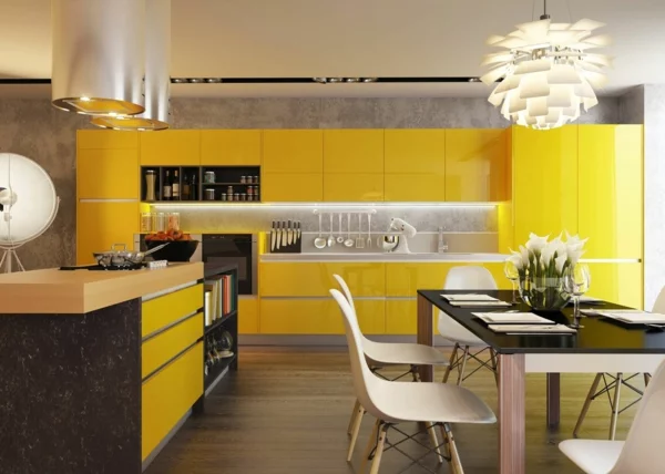 küche einrichten modern frisch gelb