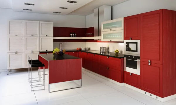 küche einrichten rote küchenschränke beige wandfarbe