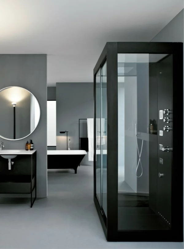 modernes badezimmer runder badspiegel dusche badewanne