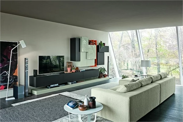 wandfarben wohnzimmer panoramafenster grauer teppich