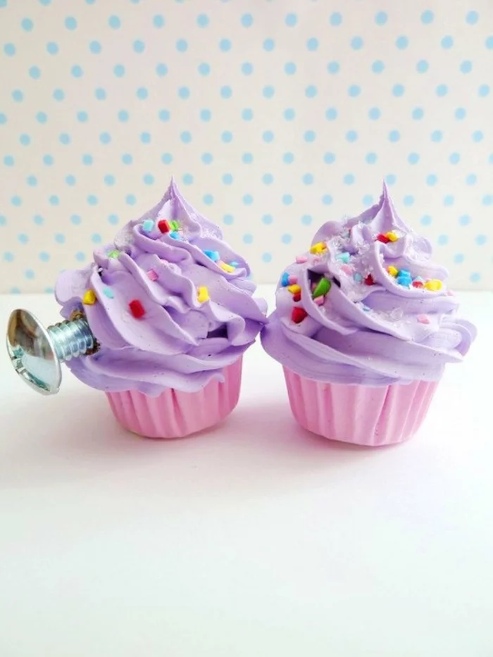 möbelknöpfe cupcakes kunststoff lila sahen zuckerstreusel