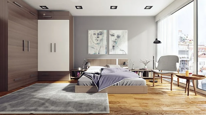 schlafzimmer einrichten hellgrauer teppich eckkleiderschrank