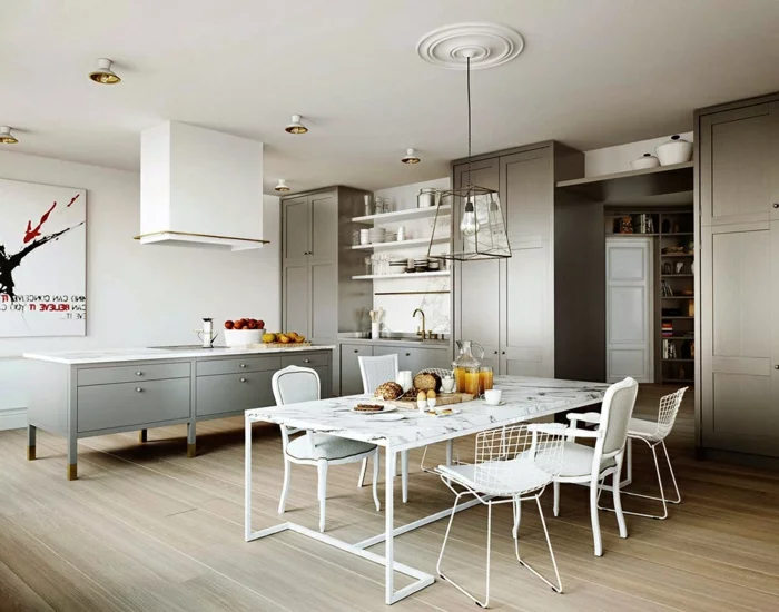 wohnideen küche weiße stühle hellgraue küchenschränke coole beleuchtung