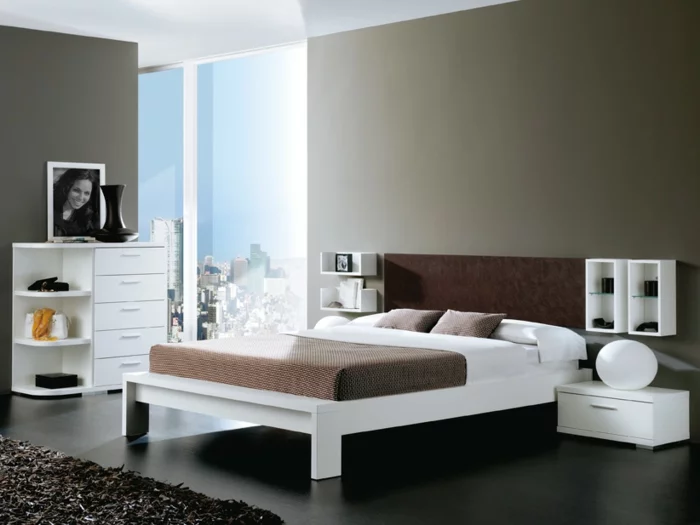 farbgestaltung schlafzimmer wanddekoration wandfarbe grau weißes bettgestell modernes design