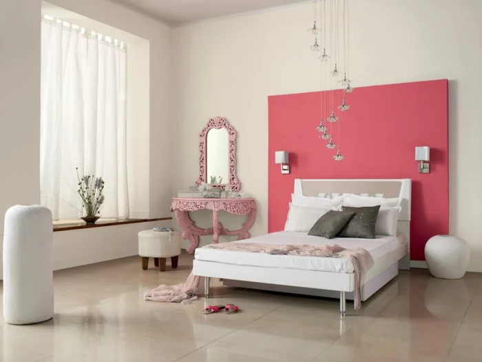 farbgestaltung schlafzimmer wandfarbe lachs rosa akzentwand wandgestaltung
