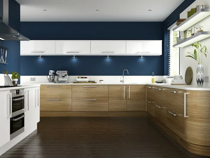 wandfarbe küche wände streichen ideen küche einrichten blaue wandfarbe schöne küchenschränke holztextur