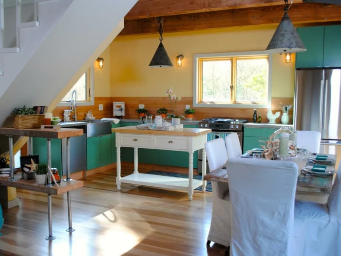 wände streichen ideen küche gelbe wände grüne küchenschränke