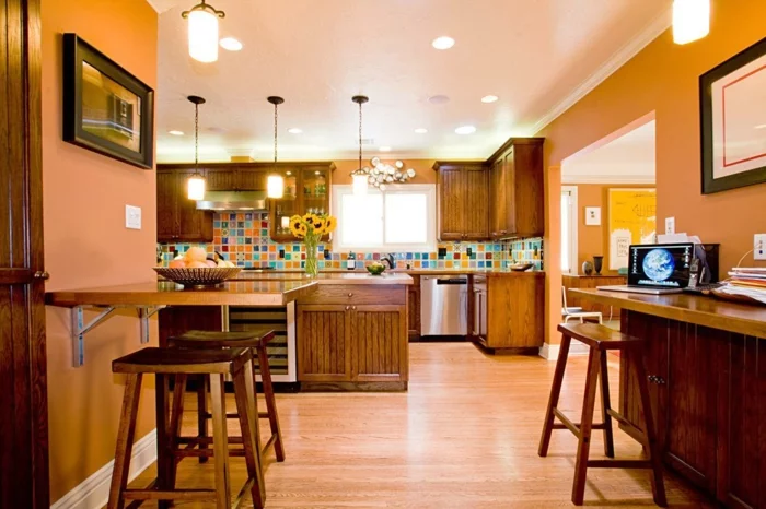 wände streichen ideen küche orange wandfarbe farbige küchenrückwand