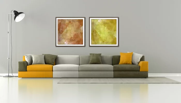 reduziertes wohnen minimalistische einrichtung designer sofa stehlampe industrie look wanddekoration moderne kunst