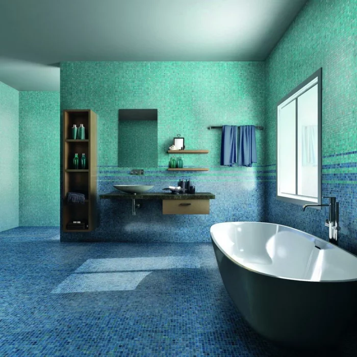 badezimmerfliesen blau grün mosaikfliesen badewanne