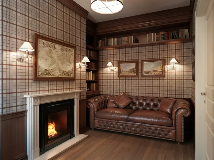 chesterfield sofa braun klassisch kamin gemütlich
