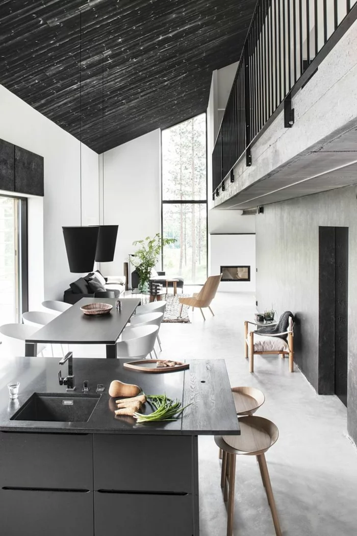 esszimmermöbel offener wohnplan küche schwarze kücheninsel