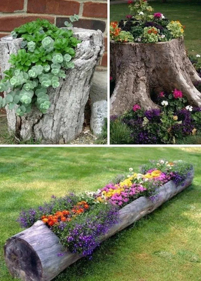 kreative Gartenideen Gartenarbeit Baumstamm Gartenpflanzen
