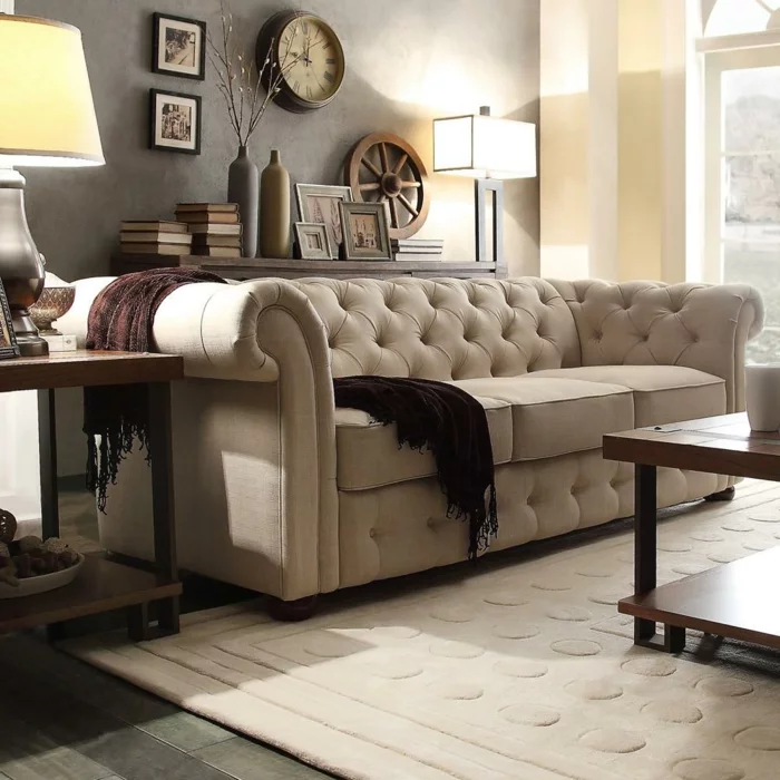 sofa chesterfield design beige stilvoll teppichmuster