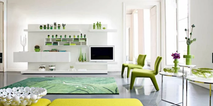 teppich wohnzimmer grüne sessel gelbe elemente