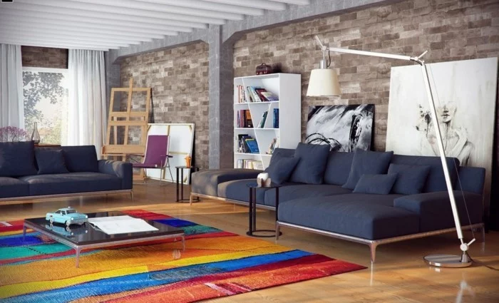 wohnideen wohnzimmer farbiger teppich betont die grauen wohnzimmermöbel