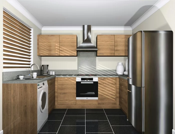 kühlschränke stilvolles design schwarze bodenfliesen kleine küche