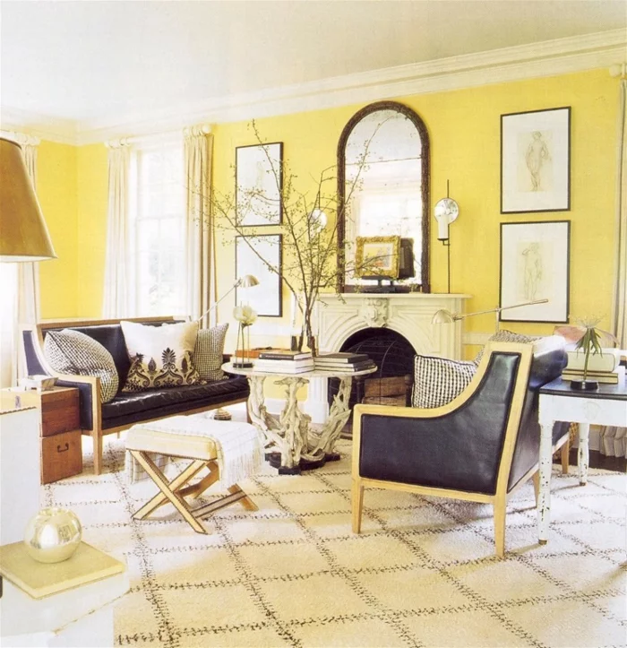 wohnzimmer einrichten ideen gelbe wände pflanzen teppichmuster
