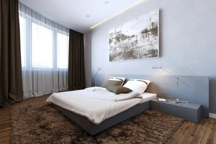 wohnideen schlafzimmer brauner teppich wanddeko funktionale möbel minimalistische einrichtung