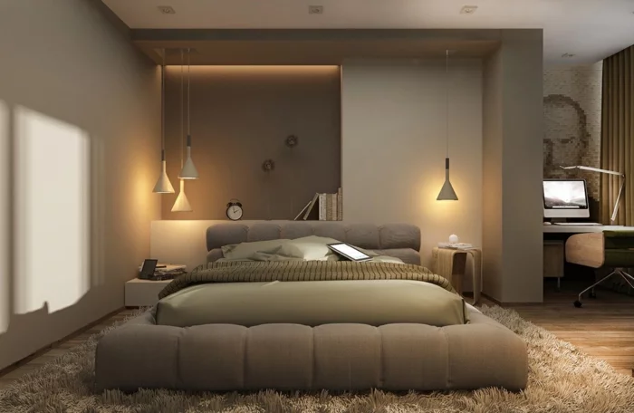 wohnideen schlafzimmer pendelleuchten led beleuchtung teppich