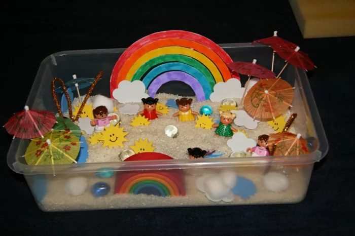 Basteln mit Kindern bastelideen diy ideen kinderspiele wasser tastenbox umfüllen regenbogen