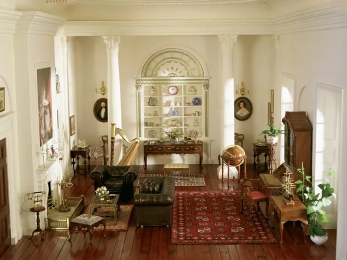 vintage teppich wohnzimmer ideen pflanzen globus holzboden