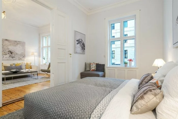 skandinavisch einrichten schlafzimmer wohnzimmer wandbilder holzboden