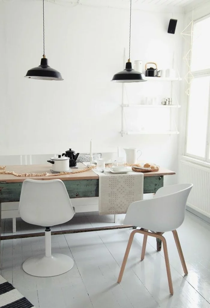 skandinavisch wohnen küche weißer bodenbelag pendelleuchten