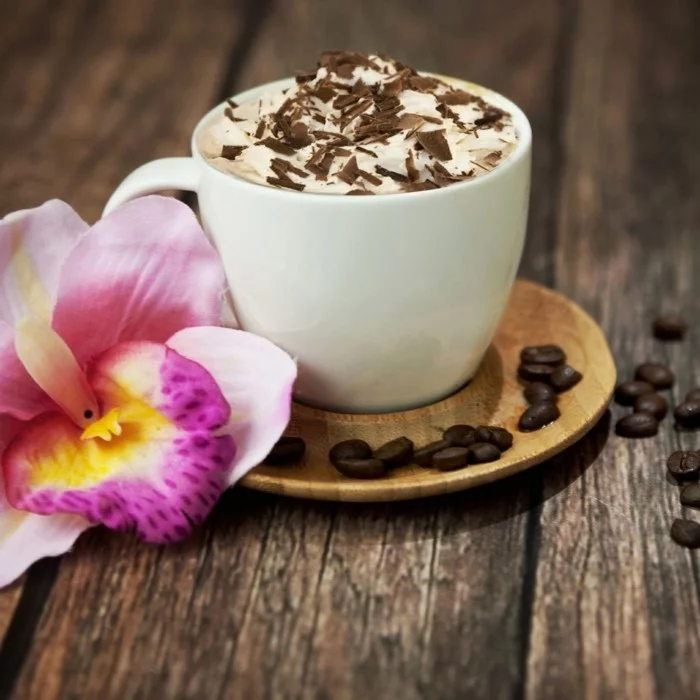 guten morgen kaffee coffee kaffeebohnen milchschaum orchidee