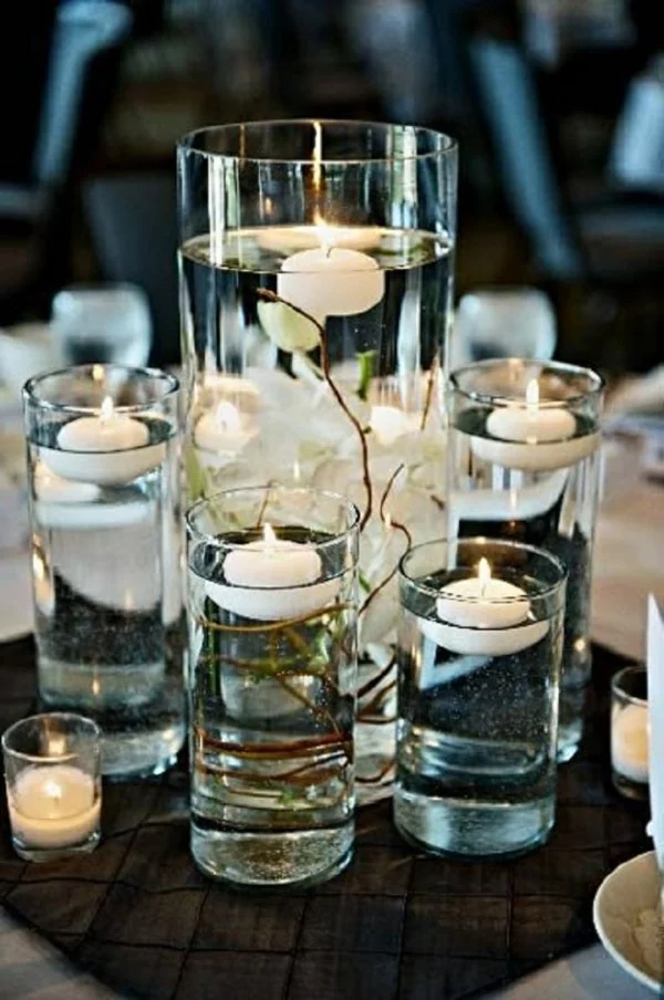 Wasser und Kerzen DIY Hochzeit Deko