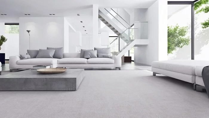 minimalistisch wohnen helle farben wohnzimmereirnichtung stilvoller teppich