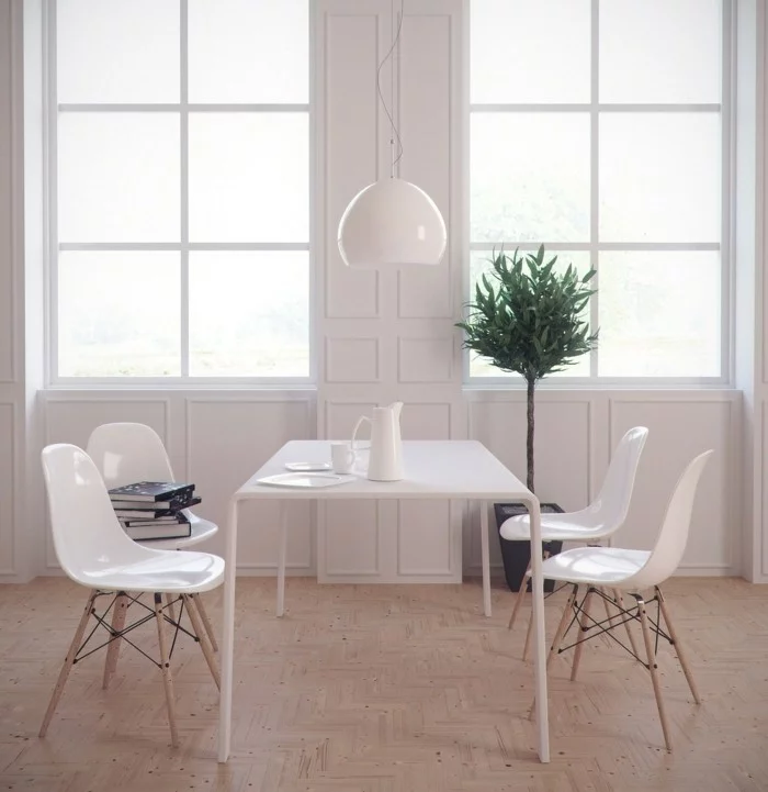 minimalistisch wohnen kleiner essbereich weiße möbel heller bodenbelag frisch und einladend