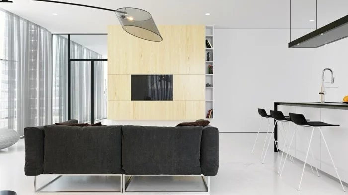 minimalistisch wohnen kleines wohnzimmer graues sofa offener wohnplan