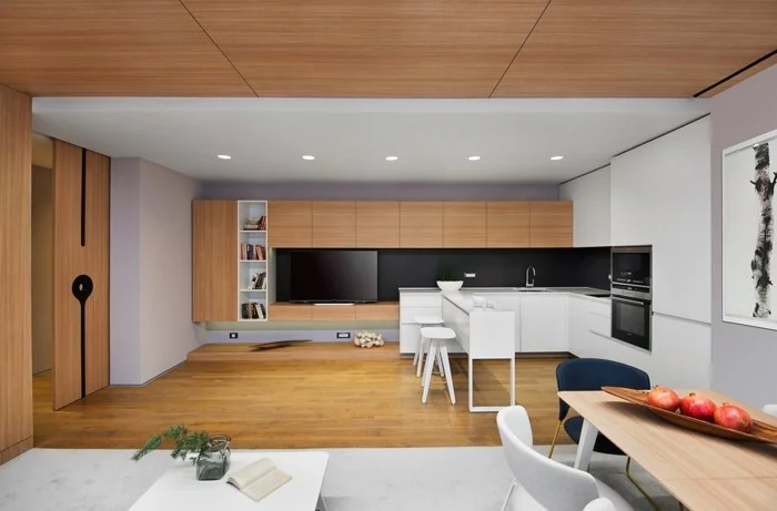 minimalistisch wohnen minimalistische küche schwarze küchenrückwand weiße küchenschränke