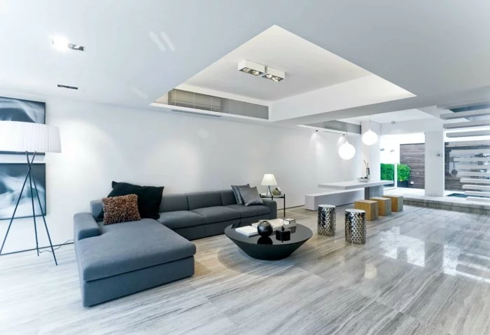 minimalistisch wohnen minimalistisches wohnzimmer runder couchtisch moderne hocker