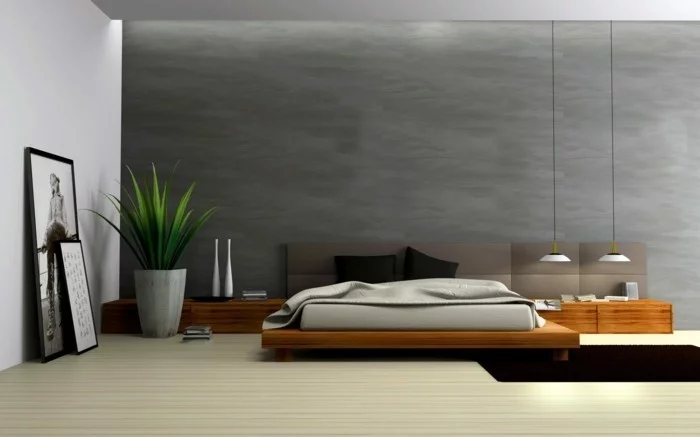 minimalistisch wohnen moernes schlafzimmer hängelampen dunkler teppich
