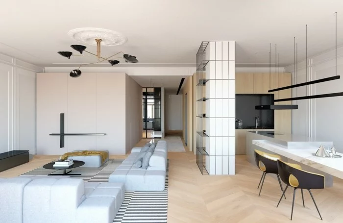 minimalistisch wohnen offener wohnplan streifenteppich moderner essbereich