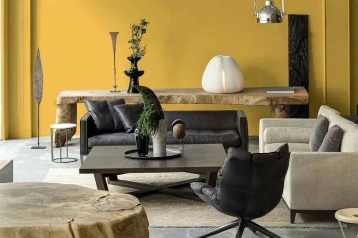 minimalistisch wohnen wohnideen wohnzimmer gelbe wand
