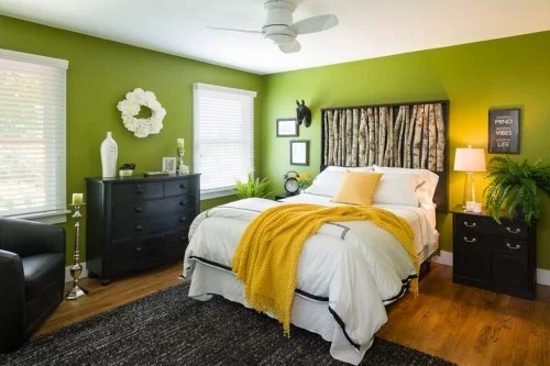 ideen schlafzimmer eklektisch grüne wände schwarzer teppich