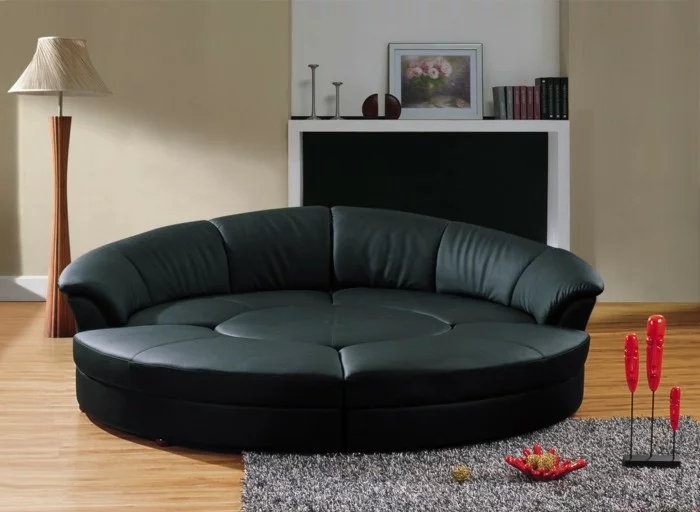 rundes sofa schwarzes wohnzimmer set grauer teppich
