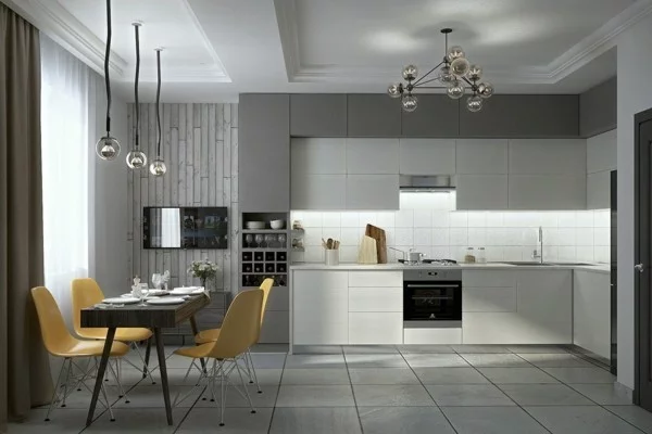 zimmer einrichten kombination weiß grau küchenmöbel essbereich