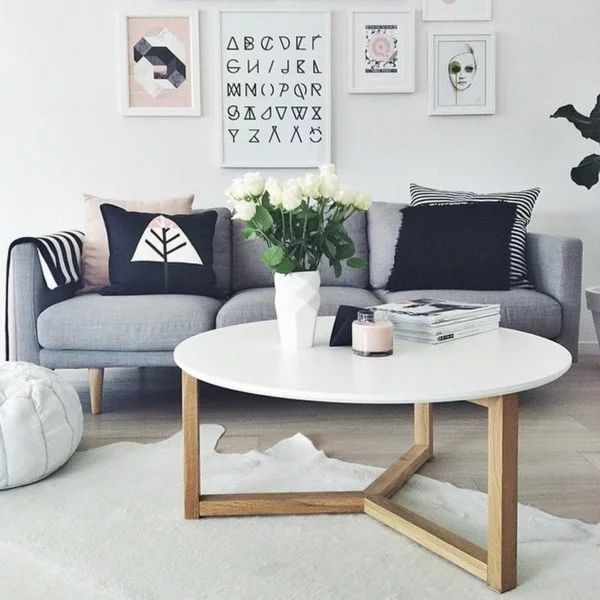 zimmer einrichten skandinavisches wohnzimmer graues sofa runder couchtisch