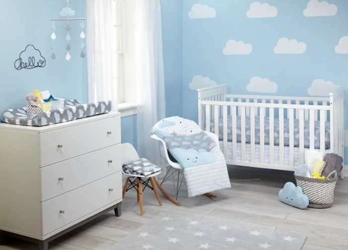 babyzimmer farben blaue wände wolken sternteppich