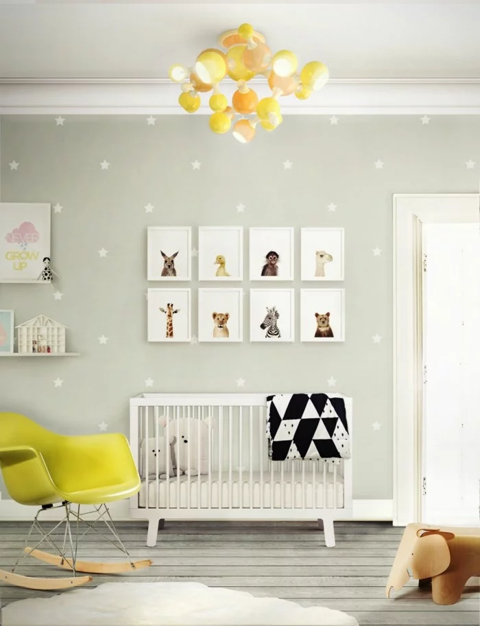 babyzimmer farben dielenboden gelber schaukelstuhl