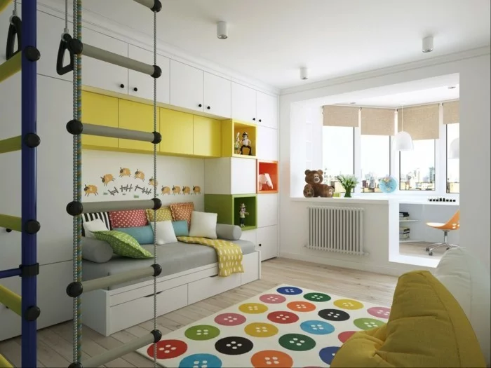 farbgestaltung kinderzimmer lernbereich sofa bunter teppich