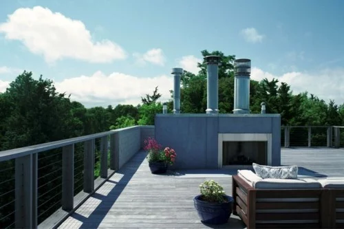 terrassenkamin moderne terrassengestaltung pflanzenbehälter dielenboden