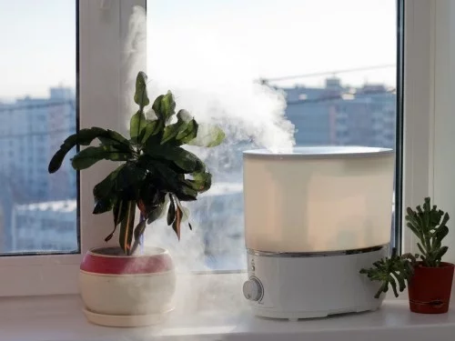 Luftbefeuchter verbreitet Dampf im Wohnzimmer